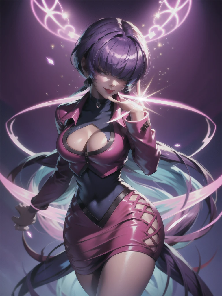 (night), in a video game scene with a neon background and a neon light, Standing at attention, pink suit, pink jacket, choker, neckline, clothing cut, earrings, purple hair, eyes completely covered by hair bangs ((hair over eyes)), 1 girl, 20 years old, Young woman, Beautiful finger, Beautiful long legs, Beautiful body, Beautiful nose, Beautiful character design, perfect face, looking at viewer (focusing on his face), mouth closed, Light_Smile, official art, extremely detailed CG unity 8k wallpaper, perfect lighting, colorful, bright front lighting, shiny skin, (masterpiece: 1.0), (best_quality: 1.0), ultra-high resolution, 4K, ultra-detailed, photography, 8K, HDR, high resolution, absurdities:1.2, Kodak portra 400, film grain, blurred background, bokeh:1.2, lens flare, (vibrant_color:1.2), professional photography, (Beautiful, breasts: 1.4), (beautiful_face: 1.5), (narrow_waist),
