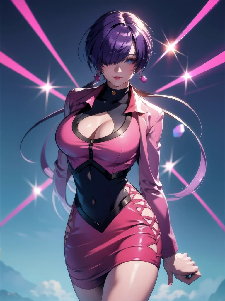 (night), in a video game scene with a neon background and a neon light, Standing at attention, pink suit, pink jacket, choker, neckline, clothing cut, earrings, purple hair, eyes completely covered by hair bangs ((hair over eyes)), 1 girl, 20 years old, Young woman, Beautiful finger, Beautiful long legs, Beautiful body, Beautiful nose, Beautiful character design, perfect face, looking at viewer (focusing on his face), mouth closed, Light_Smile, official art, extremely detailed CG unity 8k wallpaper, perfect lighting, colorful, bright front lighting, shiny skin, (masterpiece: 1.0), (best_quality: 1.0), ultra-high resolution, 4K, ultra-detailed, photography, 8K, HDR, high resolution, absurdities:1.2, Kodak portra 400, film grain, blurred background, bokeh:1.2, lens flare, (vibrant_color:1.2), professional photography, (Beautiful, breasts: 1.4), (beautiful_face: 1.5), (narrow_waist),
