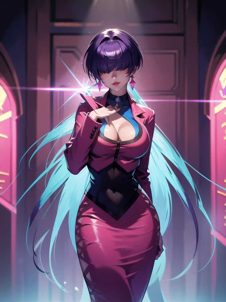 (night), in a video game scene with a neon background and a neon light, Standing at attention, pink suit, pink jacket, choker, neckline, clothing cut, earrings, purple hair, eyes completely covered by hair bangs ((hair over eyes)), 1 girl, 20 years old, Young woman, Beautiful finger, Beautiful long legs, Beautiful body, Beautiful nose, Beautiful character design, perfect face, looking at viewer (focusing on his face), mouth closed, Light_Smile, official art, extremely detailed CG unity 8k wallpaper, perfect lighting, colorful, bright front lighting, shiny skin, (masterpiece: 1.0), (best_quality: 1.0), ultra-high resolution, 4K, ultra-detailed, photography, 8K, HDR, high resolution, absurdities:1.2, Kodak portra 400, film grain, blurred background, bokeh:1.2, lens flare, (vibrant_color:1.2), professional photography, (Beautiful, breasts: 1.4), (beautiful_face: 1.5), (narrow_waist),
