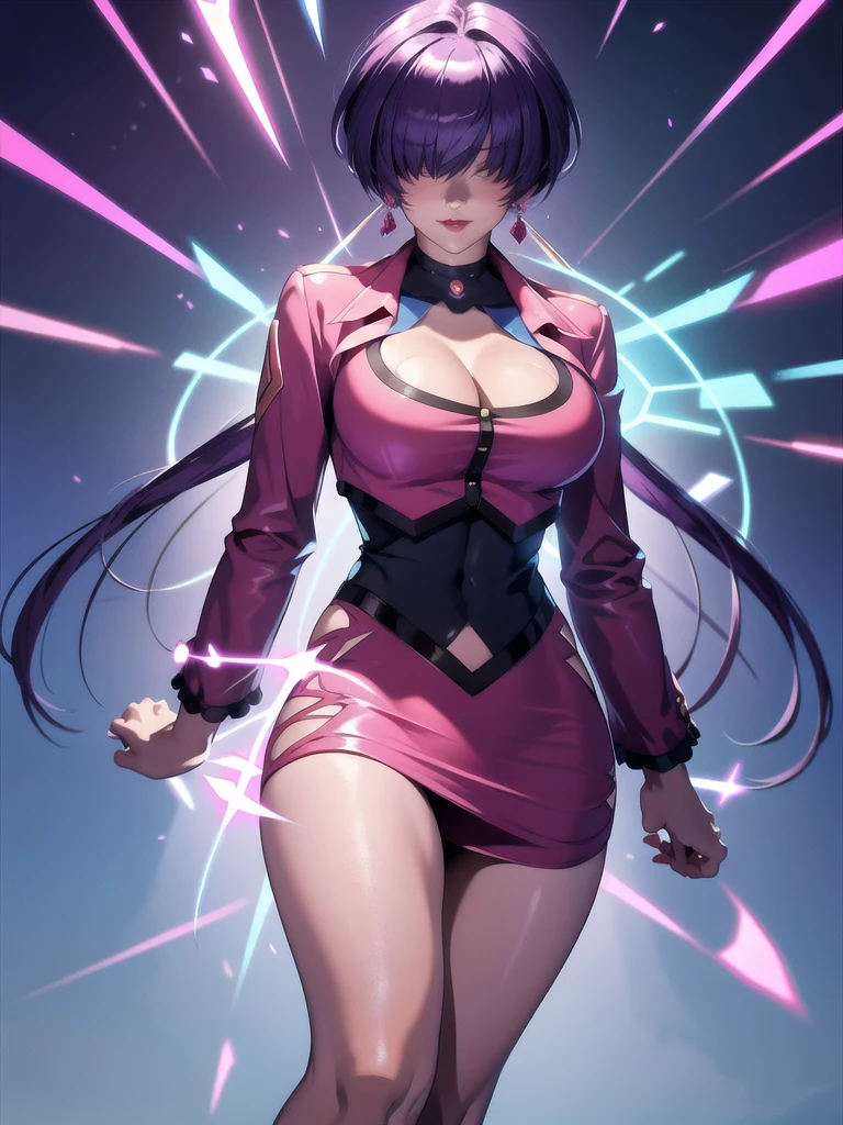 (night), in a video game scene with a neon background and a neon light, Standing at attention, pink suit, pink jacket, choker, neckline, clothing cut, earrings, purple hair, eyes completely covered by hair bangs ((hair over eyes)), 1 girl, 20 years old, Young woman, Beautiful finger, Beautiful long legs, Beautiful body, Beautiful nose, Beautiful character design, perfect face, looking at viewer (focusing on his face), mouth closed, Light_Smile, official art, extremely detailed CG unity 8k wallpaper, perfect lighting, colorful, bright front lighting, shiny skin, (masterpiece: 1.0), (best_quality: 1.0), ultra-high resolution, 4K, ultra-detailed, photography, 8K, HDR, high resolution, absurdities:1.2, Kodak portra 400, film grain, blurred background, bokeh:1.2, lens flare, (vibrant_color:1.2), professional photography, (Beautiful, breasts: 1.4), (beautiful_face: 1.5), (narrow_waist),
