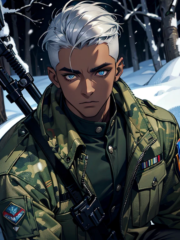 Masterpiece, high quality, Single male, very handsome face, masculine, portrait, dark skin, black skin, cyan eyes, piercing eyes, show forehead, camouflage uniform, camouflage pants, buzz cut light grey hair, white eyebrows, camouflage soldier's jacket, camouflage ratnik, soldart, no accessories, night-time, blue light, snow in background, Rich in color, close-up shot, bust photo, NO hands. Look at viewer.