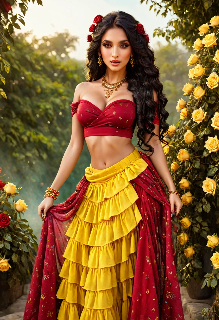 ((Gitana Sulamita DEUSA )) milhões de rosas amarelas e vermelhas , Fica alto e mostra sua figura perfeita em todos os momentos, cobre todo o seu corpo Vestidos em tons de vermelho,dourado, amarelo com uma blusa bufante cheia de babados, lenço cigano nos ombros e uma linda saia longa colorida, , Super fofo, 8k realista , ((Cabelo preto)), Pele Morena Dourada, olhos pretos, Corpo muscular ultrarrealista, Use uma roupa cigana mágica , com um toque mágico e místico, com cabelo viscoso , Portanto, inspirado em Izzy Medrano, 3D 18K UHD., pulseiras de ouro, , brincos dourados ,16k, elementos: Terra 8K UHD SURREAL. Baralho cigano: Usado para adivinhação e orientação espiritual,lenços coloridos: Representa magia e proteção, incenso: Para purificação e conexão com o plano espiritual, Pedras e joias: Tenha energias específicas.
Roupas coloridas: Saias ciganas são instrumentos mágicos de trabalho. Ultra-HD 18K.