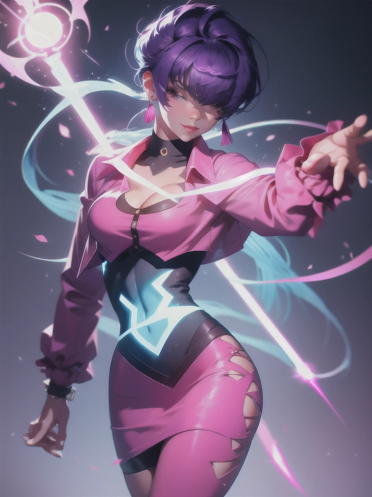 (night), in a video game scene with a neon background and a neon light, Standing at attention, pink suit, pink jacket, choker, neckline, clothing cut, earrings, purple hair, eyes completely covered by hair bangs ((hair over eyes)), 1 girl, 20 years old, Young woman, Beautiful finger, Beautiful long legs, Beautiful body, Beautiful nose, Beautiful character design, perfect face, looking at viewer (focusing on his face), mouth closed, Light_Smile, official art, extremely detailed CG unity 8k wallpaper, perfect lighting, colorful, bright front lighting, shiny skin, (masterpiece: 1.0), (best_quality: 1.0), ultra-high resolution, 4K, ultra-detailed, photography, 8K, HDR, high resolution, absurdities:1.2, Kodak portra 400, film grain, blurred background, bokeh:1.2, lens flare, (vibrant_color:1.2), professional photography, (Beautiful, breasts: 1.4), (beautiful_face: 1.5), (narrow_waist),
