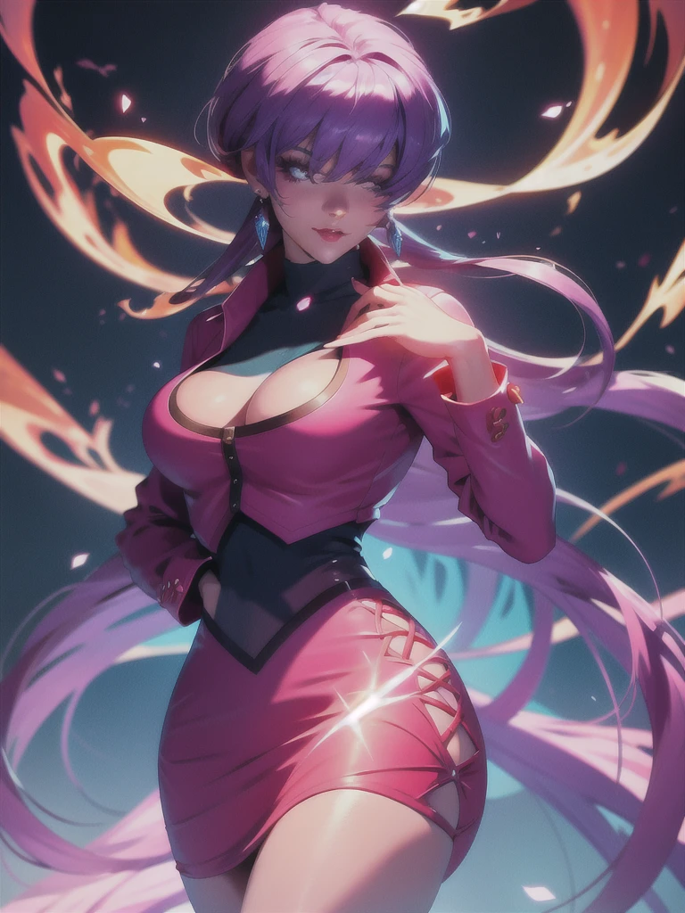 (night), in a video game scene with a neon background and a neon light, Standing at attention, pink suit, pink jacket, choker, neckline, clothing cut, earrings, purple hair, eyes completely covered by hair bangs ((hair over eyes)), 1 girl, 20 years old, Young woman, Beautiful finger, Beautiful long legs, Beautiful body, Beautiful nose, Beautiful character design, perfect face, looking at viewer (focusing on his face), mouth closed, Light_Smile, official art, extremely detailed CG unity 8k wallpaper, perfect lighting, colorful, bright front lighting, shiny skin, (masterpiece: 1.0), (best_quality: 1.0), ultra-high resolution, 4K, ultra-detailed, photography, 8K, HDR, high resolution, absurdities:1.2, Kodak portra 400, film grain, blurred background, bokeh:1.2, lens flare, (vibrant_color:1.2), professional photography, (Beautiful, breasts: 1.4), (beautiful_face: 1.5), (narrow_waist),
