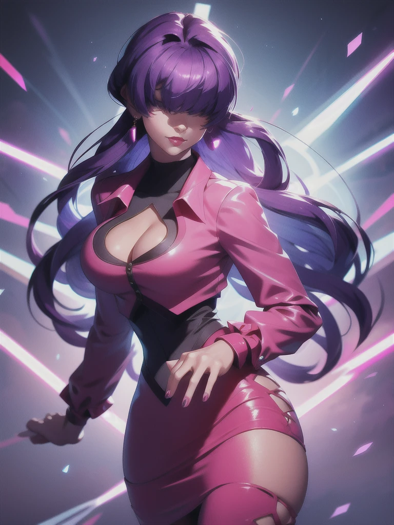 (night), in a video game scene with a neon background and a neon light, Standing at attention, pink suit, pink jacket, choker, neckline, clothing cut, earrings, purple hair, eyes completely covered by hair bangs ((hair over eyes)), 1 girl, 20 years old, Young woman, Beautiful finger, Beautiful long legs, Beautiful body, Beautiful nose, Beautiful character design, perfect face, looking at viewer (focusing on his face), mouth closed, Light_Smile, official art, extremely detailed CG unity 8k wallpaper, perfect lighting, colorful, bright front lighting, shiny skin, (masterpiece: 1.0), (best_quality: 1.0), ultra-high resolution, 4K, ultra-detailed, photography, 8K, HDR, high resolution, absurdities:1.2, Kodak portra 400, film grain, blurred background, bokeh:1.2, lens flare, (vibrant_color:1.2), professional photography, (Beautiful, breasts: 1.4), (beautiful_face: 1.5), (narrow_waist),
