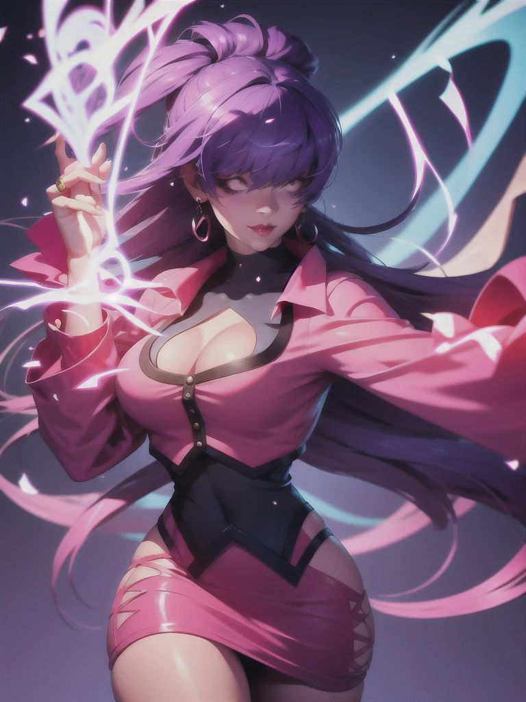 (night), in a video game scene with a neon background and a neon light, Standing at attention, pink suit, pink jacket, choker, neckline, clothing cut, earrings, purple hair, eyes completely covered by hair bangs ((hair over eyes)), 1 girl, 20 years old, Young woman, Beautiful finger, Beautiful long legs, Beautiful body, Beautiful nose, Beautiful character design, perfect face, looking at viewer (focusing on his face), mouth closed, Light_Smile, official art, extremely detailed CG unity 8k wallpaper, perfect lighting, colorful, bright front lighting, shiny skin, (masterpiece: 1.0), (best_quality: 1.0), ultra-high resolution, 4K, ultra-detailed, photography, 8K, HDR, high resolution, absurdities:1.2, Kodak portra 400, film grain, blurred background, bokeh:1.2, lens flare, (vibrant_color:1.2), professional photography, (Beautiful, breasts: 1.4), (beautiful_face: 1.5), (narrow_waist),
