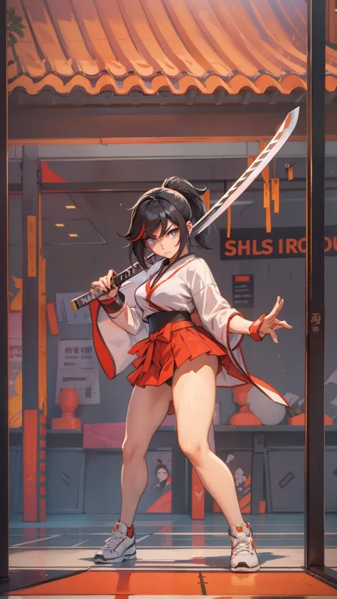 a cute woman, kunoichi, unsheathing a katana sword, wearing a cheerleader costume, dojo background, perfect katana unsheating,