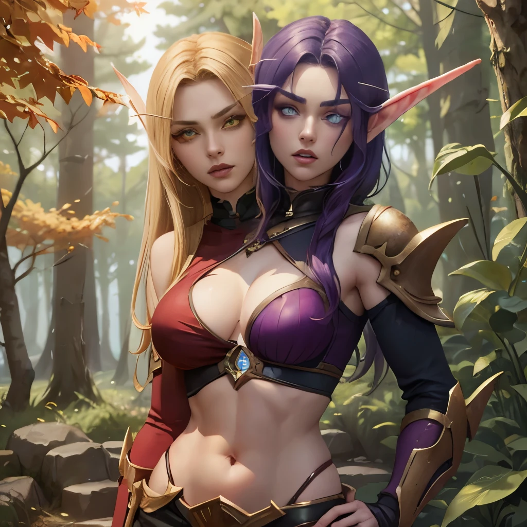 (Masterpiece, highly detailed, highly quality,  highly resolutions), body facing viewer, conjoined_dicephalus, two heads, BREAK nightelf, angry, clenched teeth, glowing eyes, blue eyes, Purple Hair, colored skin, mature female, purple midriff, navel, purple spike shoulder pad, platinum trim, green leaves, jewelry, looking at viewer, forest, night, bare shoulders, spring season