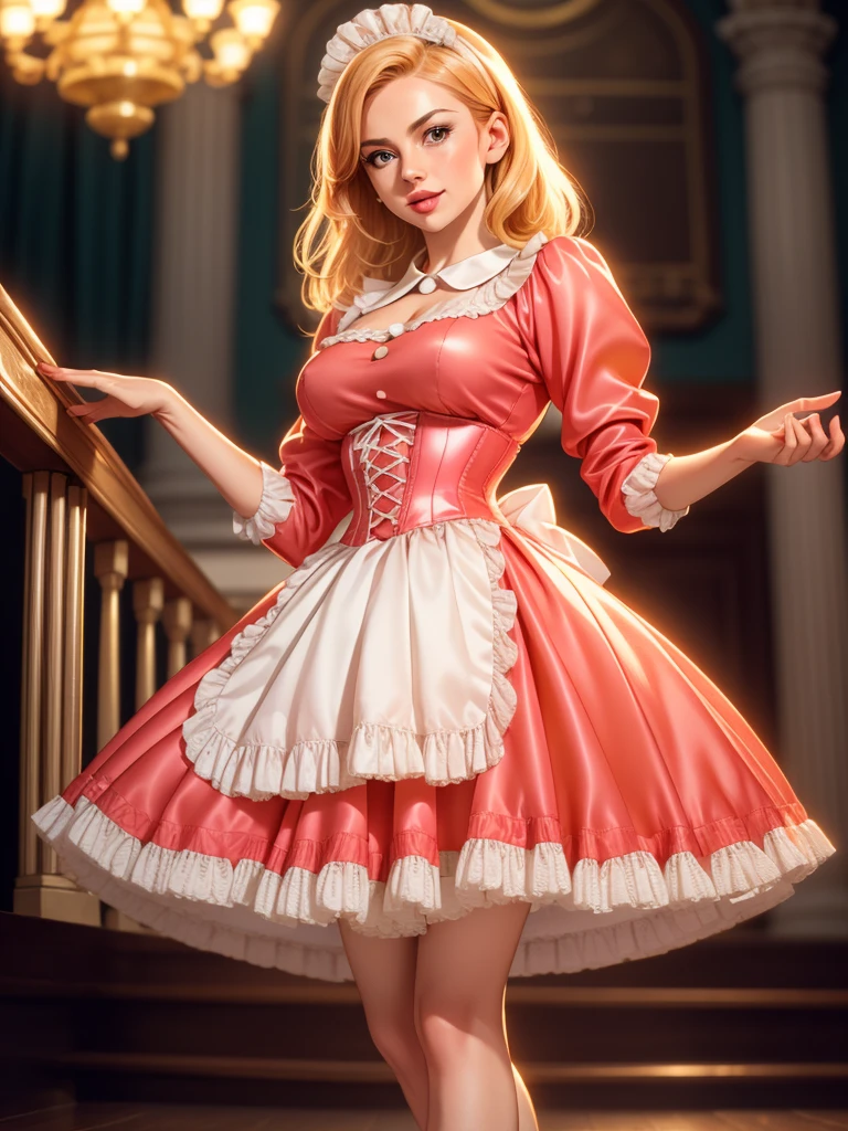 cinematic film still photogenic beautiful adult woman, solo,  strawberry blonde hair, age 30, mid shot, standing, grand hall, m4id, very wide short skirt, ( yellow  dress), apron, frills, rim lighting,  black footwear, full body, headpiece,  looking at viewer, (corset) cleavage cutout, collar, . shallow depth of field, vignette, highly detailed, high budget, bokeh, cinemascope, moody, epic, gorgeous, film grain, grainy, big breasts