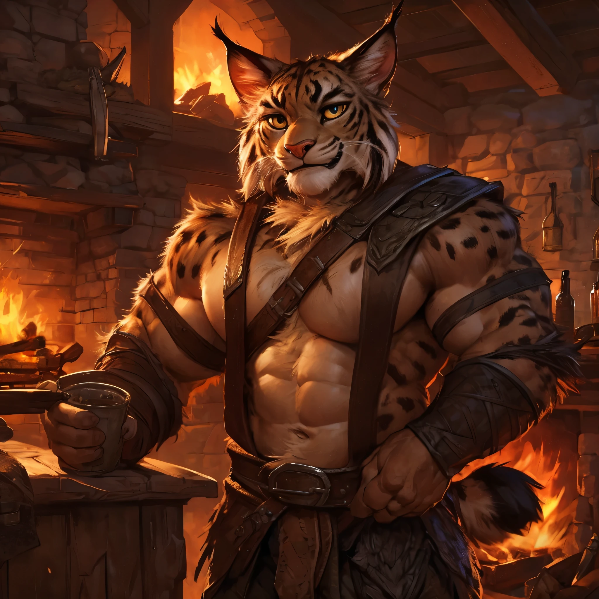 Skyrim, tavern, solo, single figure, fireplace, warm lighting, khajiit, male, blacksmith, muscular, detailed eyes, looking at viewer, lynx ears, standing by fire, smiling, by darkgem,