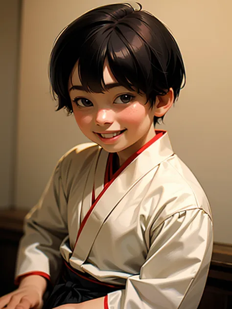 a 7 year old japanese boy, short hair, cute smiling face, traditional japanese outfit