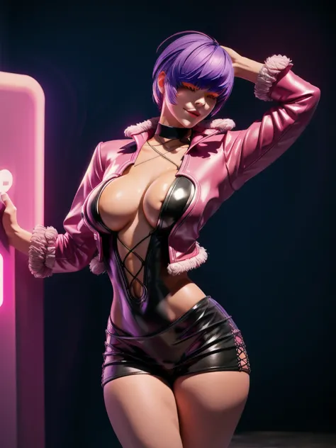 (night), in a video game scene with a neon background and a neon light, Standing at attention, pink suit, pink jacket, choker, n...