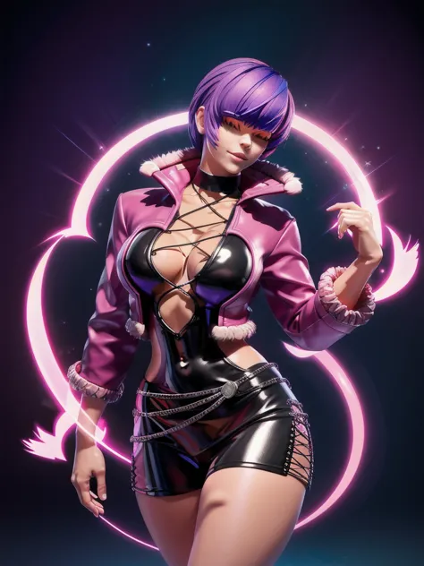 (night), in a video game scene with a neon background and a neon light, standing at attention, pink suit, pink jacket, choker, n...