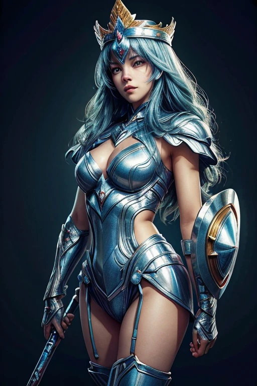 fully body photo，（best qualtiy）， （1girll）， starryskybackground, crown, one hand holding shield, one hand holding a spear, Wearing shiny gold armor， Sexy lingerie type armor，Expose your chest，Expose the waistline，Exposing thighs，cool-pose， Saint Seiya Armor， messy hair，high detal, Cinematic lighting, Sparkle, god light, Ray traching, filmgrain, hyper HD, textureskin, super detailing, Anatomical correct, A high resolution，Ultra-high saturation，hight contrast，High-gloss armor，Smooth skin，Serious expressions