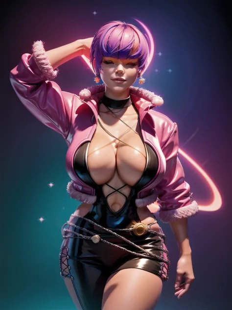 (night),in a video game scene with a neon background and a neon light, Standing at attention, pink outfit,pink jacket,choker, cl...