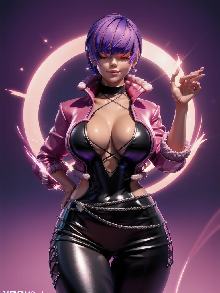 (night),in a video game scene with a neon background and a neon light, Standing at attention, pink outfit,pink jacket,choker, cleavage cutout, clothing cutout, earrings, purple hair,bangs,((hair over eyes)), 1 girl, 20yo,Young female,Beautiful Finger,Beautiful long legs,Beautiful body,Beautiful Nose,Beautiful character design, perfect face, looking at viewer,(Focus on her face),closed mouth,Light_Smile, official art,extremely detailed CG unity 8k wallpaper, perfect lighting,Colorful, Bright_Front_face_Lighting,shiny skin, (masterpiece:1.0),(best_quality:1.0), ultra high res,4K,ultra-detailed, photography, 8K, HDR, highres, absurdres:1.2, Kodak portra 400, film grain, blurry background, bokeh:1.2, lens flare, (vibrant_color:1.2),professional photograph, (Beautiful,large_Breasts:1.4), (beautiful_face:1.5),(narrow_waist),
