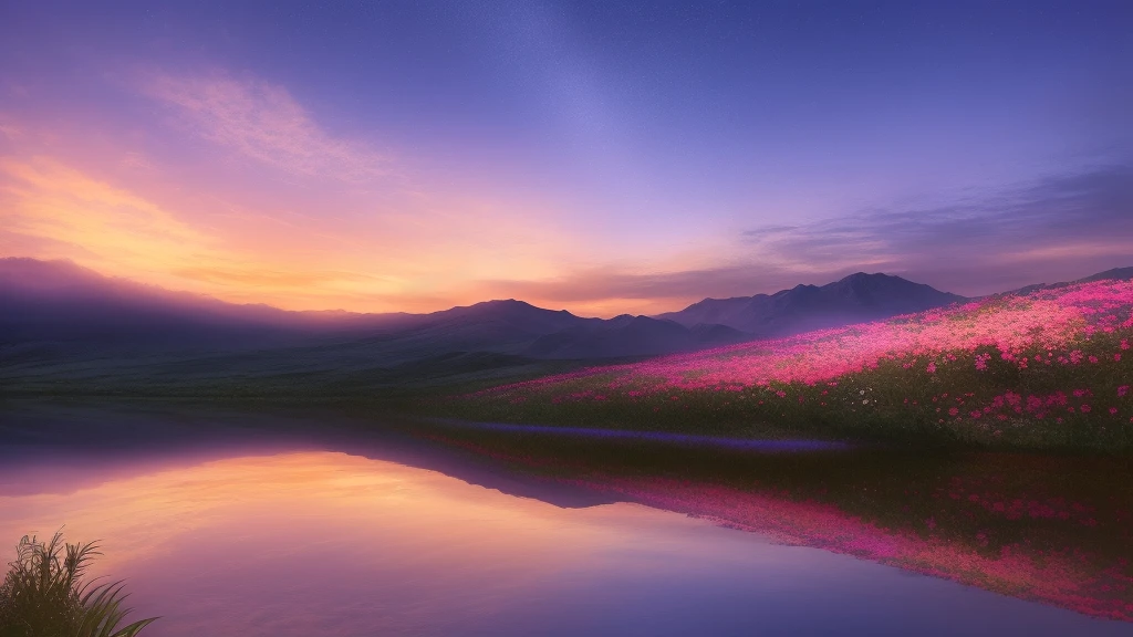 There is a beautiful sunrise, The hills are covered with flowers and plants., The flowers are approaching, Colorful sky, Surreal colors, Colorful sunrise, Colorful sky, Beautiful skyの反射, Beautiful sky, Fantastic atmosphere 8K, Multicolored clouds, Colored reflections on the lake, Unreal sky, Red and blue reflections, Fire Reflection, Beautiful sky, Beautiful and spectacular, Beautiful dream landscape, Beautiful sky