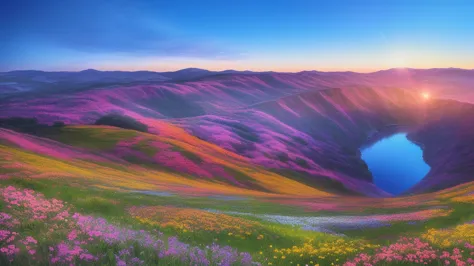 there is a beautiful sunrise, the hills are covered with flowers and plants., the flowers are approaching, colorful sky, surreal...