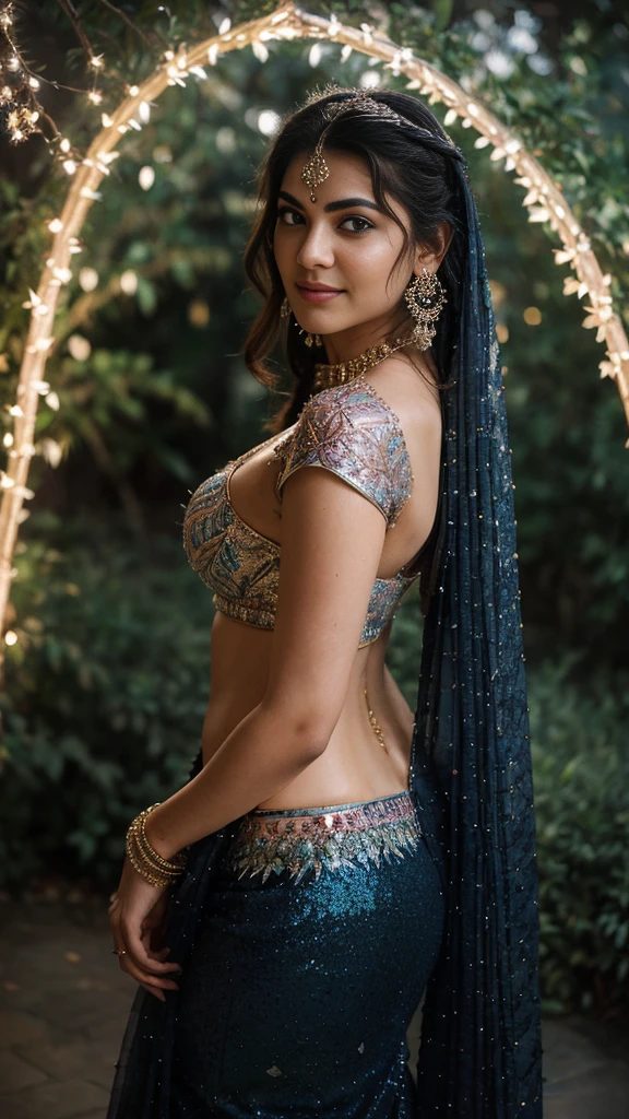 (((Stunningly Beautiful persian Princesss ))), elegant blue black updo hair, (((Selena Gomez:Emma watson:0.6)))sweet smile, Beautiful bride posing under a fairy tale arch of exotic magical flowers, looking back,elaborate scene style, crystal glass lattice, glitter, transparent embroidered lace, realistic style, 8k,exposure blend, medium shot, bokeh, (hdr:1.4), (cinematic), ( dark tones:1.3), (hyperdetailed:1.2),Realism,1 girl,girl wearing indian saree(dressed in transparent saree)(wearing glitter graphics jewelry)big  ,Sexy Big Breast,nipple,bright light ,long_hair, Bokeh ,nsfw , indian ,tree branch, colourfull ,undersized bra,princess dress,lehenga choli