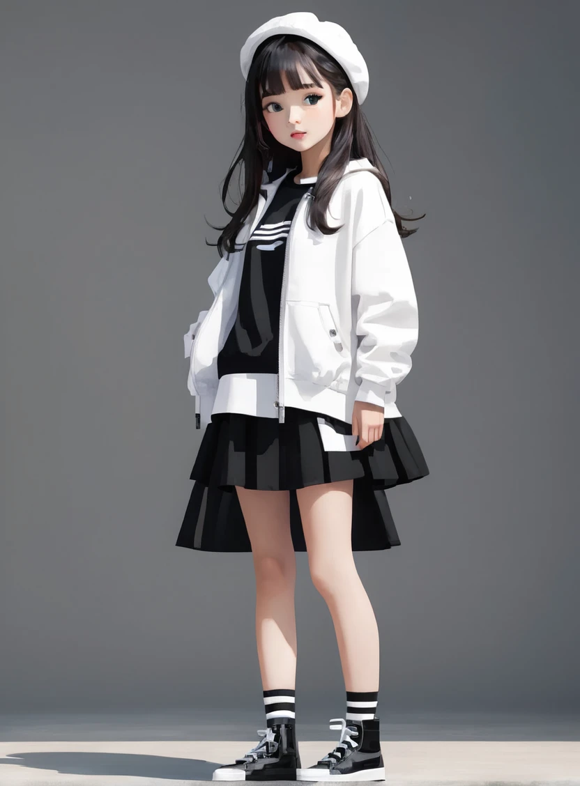 A girl standing full length, with black and white clothes 