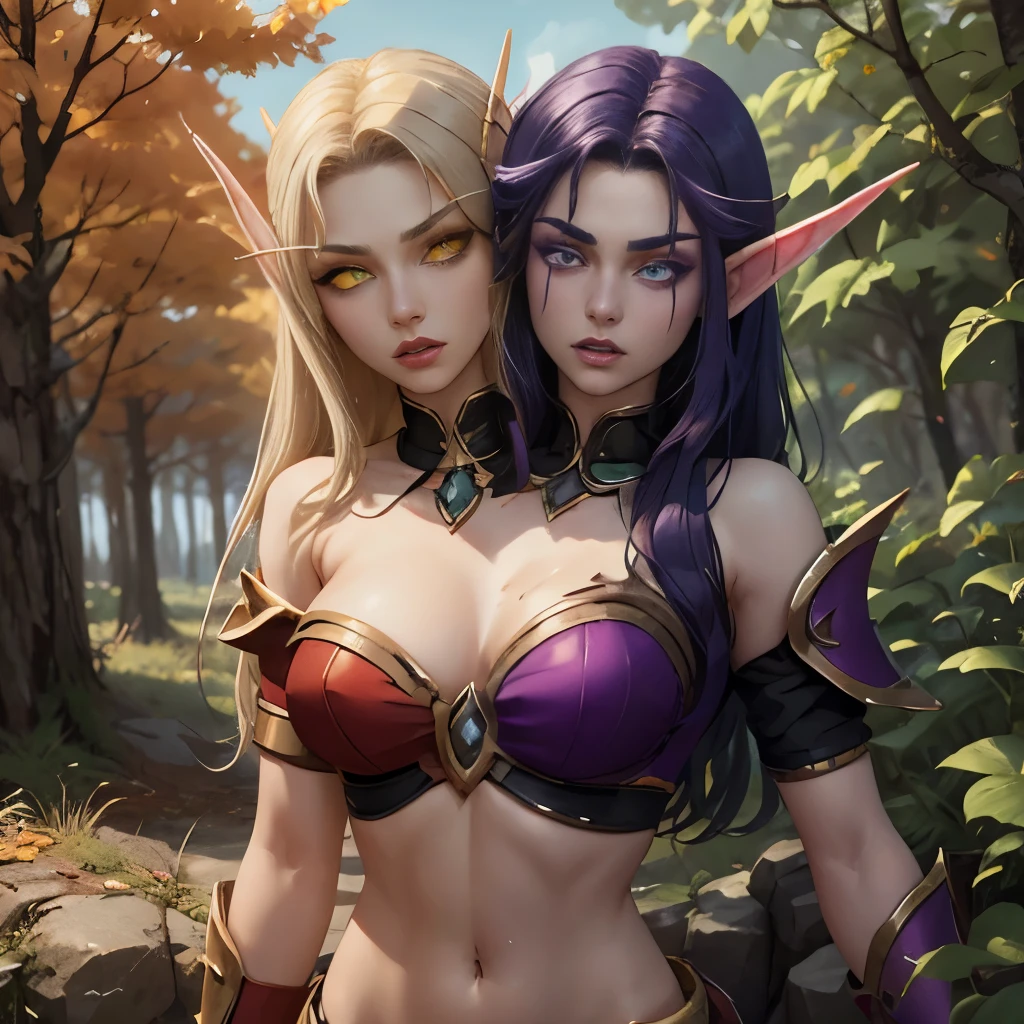 (Masterpiece, highly detailed, highly quality,  highly resolutions), body facing viewer, conjoined_dicephalus, two heads, BREAK nightelf, angry, clenched teeth, glowing eyes, blue eyes, Purple Hair, colored skin, mature female, purple midriff, navel, purple spike shoulder pad, platinum trim, green leaves, jewelry, looking at viewer, forest, night, bare shoulders, spring season