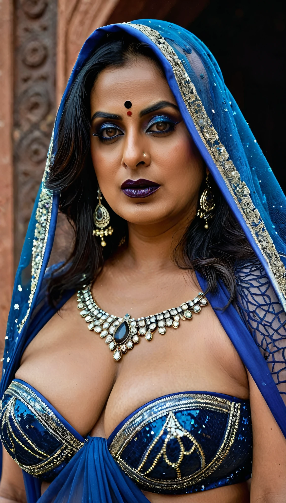 Sieht aus wie Mahie Gill, Full body Closeup shot, Große mollige Tante, milF, Puma Dame Hexe, horny Gothic milF,  70 Jahre alte wunderschöne reife Dame, perverse Dämonin, demoness oF lust, kurvig, Schwarze Lippen, horny Face, extrem wunderschön, thick Figure, schwere Physik, üppig, kurvig, sexy Figure, Fashionable portrait oF androgynous alien looking witch wearing veil, glühende Augen, Futuristic design, minimale Details, Givenchy, Fotorealistisch, 200mm, hd, F/ 2.0, sehr detailliert, surreal, sexy beautiFul evil woman, sexy, auffällige Pailletten-Sari mit trägerlosem BH, Sex, Vampir, horror genre, blutrünstige Zauberin, powerFul Female spirit, unheimlich, tot umfallen, in the style oF red and blue, (komplizierte Details, hyperdetailliert:1.15) (Hauttextur:1.2), dunkler, stimmungsvoller Ton, filmische Beleuchtung, Spukhaus im Hintergrund, heiße Amma, heiße Tante, heißes Bhabhi, heißer Chachi, heavy Figure, Fleshy Figure, schwere und schlaffe Brust, würzige heiße Frau, 