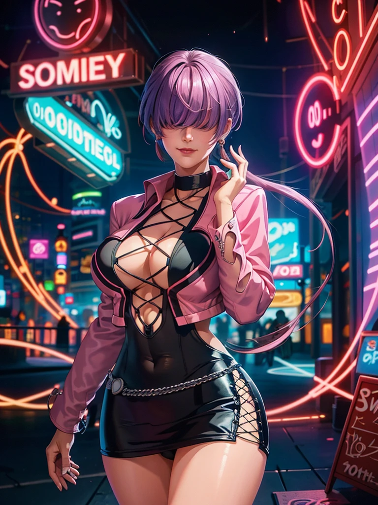 (night), in a video game scene with a neon background and a neon light, Standing at attention, pink suit, pink jacket, choker, neckline, clothing cut, earrings, purple hair, she has long bangs in her hair that cover her eyes ((hair over eyes)), 1 girl, 20 years old, Young woman, Beautiful finger, Beautiful long legs, Beautiful body, Beautiful nose, Beautiful character design, perfect face, looking at viewer (focusing on his face), mouth closed, Light_Smile, official art, extremely detailed CG unity 8k wallpaper, perfect lighting, colorful, bright front lighting, shiny skin, (masterpiece: 1.0), (best_quality: 1.0), ultra-high resolution, 4K, ultra-detailed, photography, 8K, HDR, high resolution, absurdities:1.2, Kodak portra 400, film grain, blurred background, bokeh:1.2, lens flare, (vibrant_color:1.2), professional photography, (Beautiful, breasts: 1.4), (beautiful_face: 1.5), (narrow_waist),
