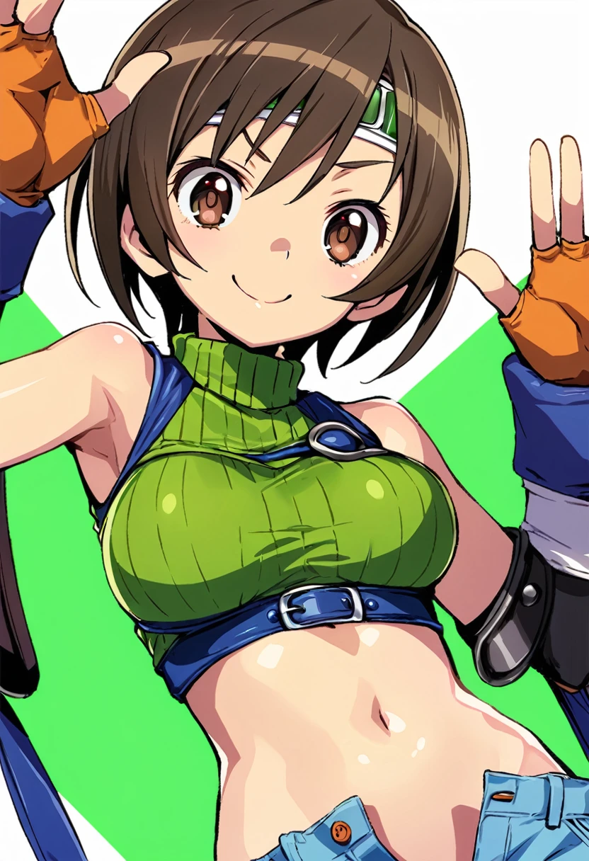 score_9, score_8_up, score_7_up,,BREAK source_anime, from front,navel below view.,upperbody,shirtlift.,looking_at_viewer,1girl, yuffie kisaragi, final fantasy, short hair,headband,navel,sleeveless,turtleneck,brown eyes,sleeveless turtleneck,solo,breasts,looking at viewer,smile,gloves,crop top,brown hair,shorts,midriff,,sweater,open fly,fingerless gloves,ribbed sweater,medium breasts,,smile,smug,best quality,aesthetic,very aesthetic,masterpiece,(high-resolution), 