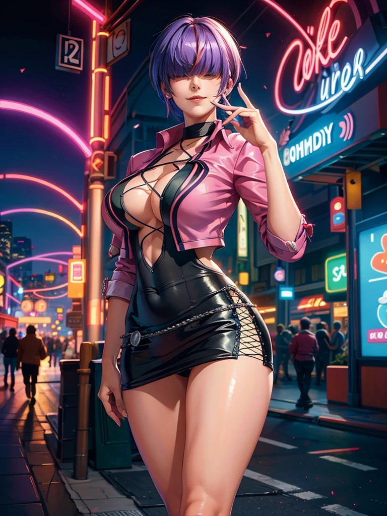 (night), in a video game scene with a neon background and a neon light, Standing at attention, pink suit, pink jacket, choker, neckline, clothing cut, earrings, purple hair, she has long bangs in her hair that cover her eyes ((hair over eyes)), 1 girl, 20 years old, Young woman, Beautiful finger, Beautiful long legs, Beautiful body, Beautiful nose, Beautiful character design, perfect face, looking at viewer (focusing on his face), mouth closed, Light_Smile, official art, extremely detailed CG unity 8k wallpaper, perfect lighting, colorful, bright front lighting, shiny skin, (masterpiece: 1.0), (best_quality: 1.0), ultra-high resolution, 4K, ultra-detailed, photography, 8K, HDR, high resolution, absurdities:1.2, Kodak portra 400, film grain, blurred background, bokeh:1.2, lens flare, (vibrant_color:1.2), professional photography, (Beautiful, breasts: 1.4), (beautiful_face: 1.5), (narrow_waist),
