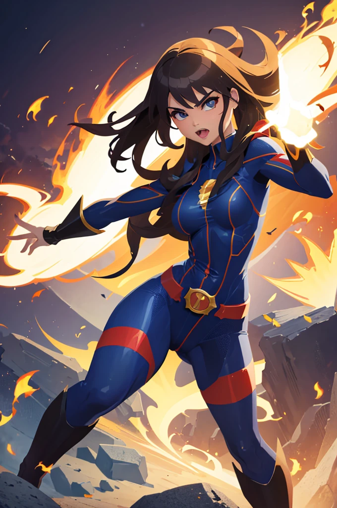 girl, super hero, flames , dynamic perspective pose, powerful pose, super hero pose, positing on rock super hero pose, perfect dynamic pose, dynamic action pose, strong pose, 3 / 4 pose