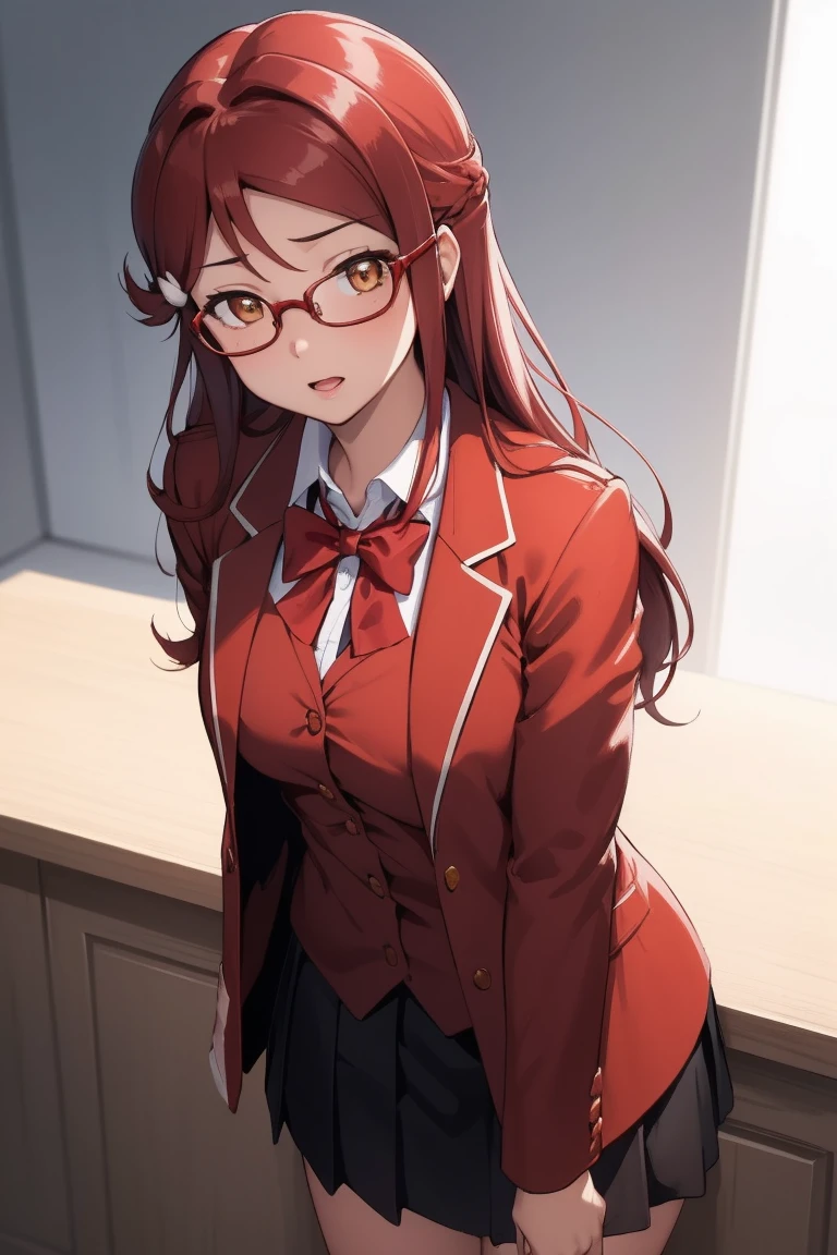 Rikosakurauchi, Riko Sakurauchi, (Brown eyes:1.5), hair between the eyes, wide, (Red hair:1.5), (Little mom:1.2), 
BREAK glasses, high advanced breeding , Jacket de sport, red Jacket de sport, bow, bowtie, collar shirt, Jacket, long sleeves, pleated skirt,
REST looking at the viewer, standing,(from below:1.2), (Leaning forward:1.2), (arms behind the back:1.2),
break inside, classroom, 
BREAK (Masterpiece:1.2), Best Quality, high resolution, unity wallpaper 8k, NSFW,(illustration:0.8), (Beautiful detailed eyes:1.6), extremely detailed face, perfect lighting, Extremely detailed CG, (perfect hands, perfect anatomy),