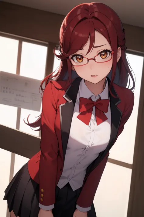 rikosakurauchi, riko sakurauchi, (brown eyes:1.5), hair between the eyes, wide, (red hair:1.5), (little mom:1.2), 
break glasses...