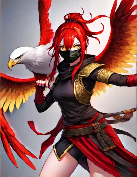 create a redhead girl for dnd who is an assassin,yellow eyes thong, yes, the clothing is red and black like a ninja.. plus, my h...