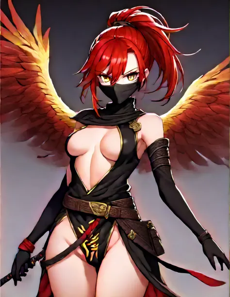 create a redhead girl for dnd who is an assassin,yellow eyes thong, yes, the clothing is red and black like a ninja.. plus, my h...