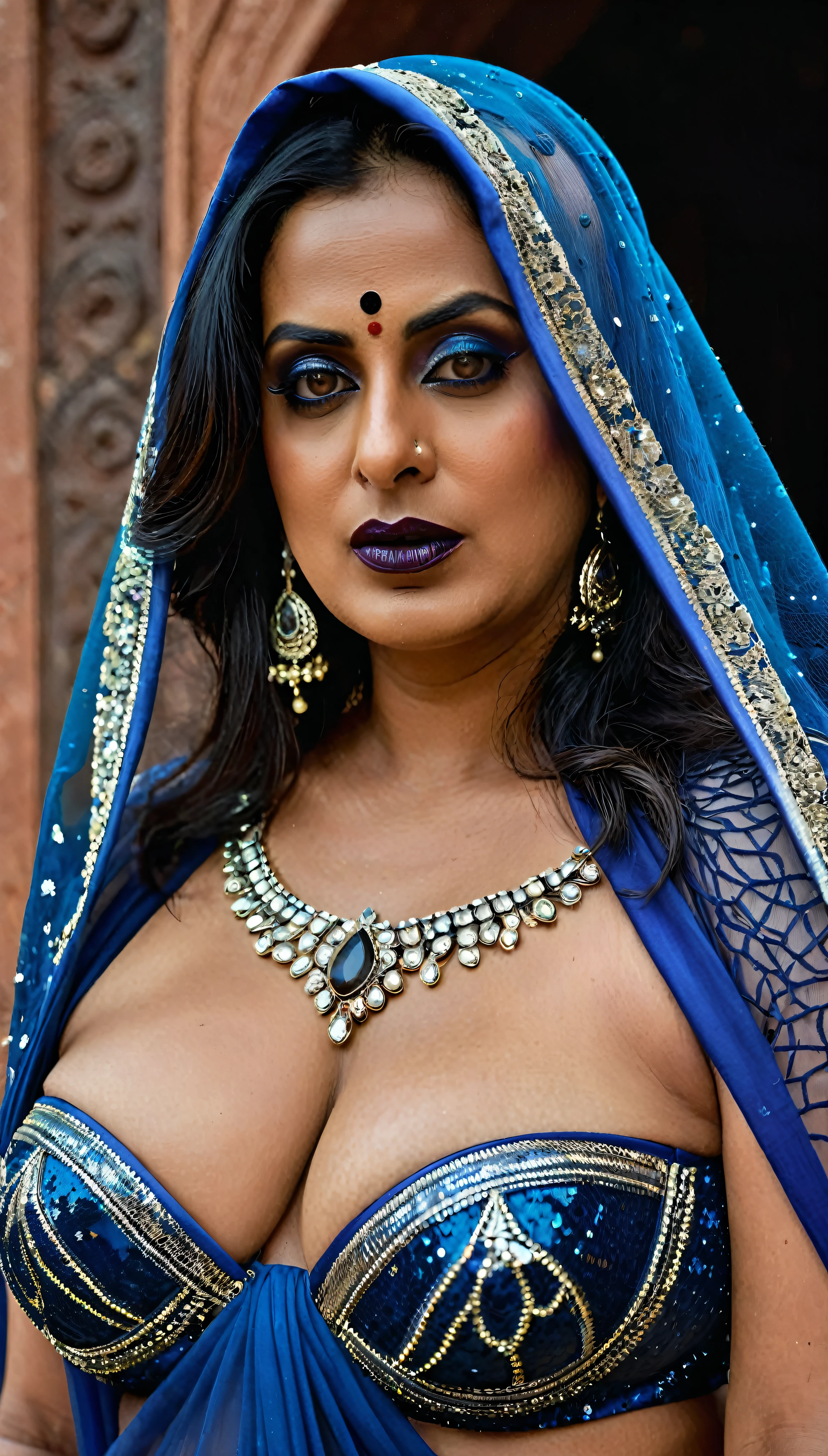 Looks like Mahie Gill, full body Closeup shot, Big chubby aunty, milf, cougar lady witch, horny Gothic milf,  70 years old gorgeous mature lady, pervert demoness, demoness of lust, curvy, black lips, horny face, extremely gorgeous, thick figure, heavy physique, voluptuous, curvy, sexy figure, Fashionable portrait of androgynous alien looking witch wearing veil, glowing eyes, futuristic design, minimal details, givenchy, photoreal, 200mm, hd, f/ 2.0, highly detailed, surreal, sexy beautiful evil woman, sexy bold sequin Saree with strapless Bra, chudail, Pishachini, horror genre, blood-thirsty enchantress, powerful female spirit, eerie, drop dead, in the style of red and blue, (intricate details, hyperdetailed:1.15) (skin texture:1.2), dark Moody tone, cinematic lighting, haunted place in background, hot Amma, hot aunty, hot bhabi, hot Chachi, heavy figure, fleshy figure, heavy and saggy breast, spicy hot woman, 