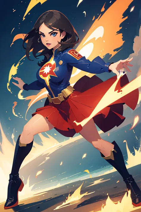 girl, super hero, flames ,powerful pose, super hero pose