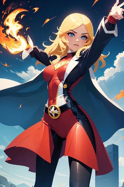 girl, super hero, flames ,powerful pose, super hero pose