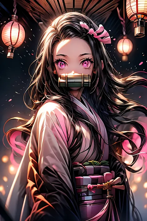 nezukokamado, nezuko kamado, bamboo, (bit gag:1.5), black hair, (forehead:1.5), gag, gagged, hair ribbon, long hair, multicolore...