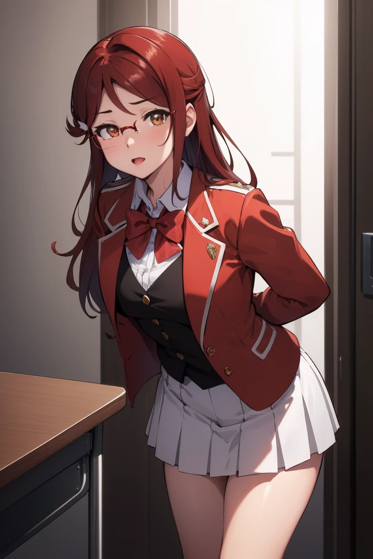 Rikosakurauchi, Riko Sakurauchi, (Brown eyes:1.5), hair between the eyes, wide, (Red hair:1.5), (Little mom:1.2), 
BREAK glasses, high advanced breeding , Jacket de sport, red Jacket de sport, bow, bowtie, collar shirt, Jacket, long sleeves, pleated skirt, white panties,
REST looking at the viewer, standing,(from below:1.2), (Leaning forward:1.2), (arms behind the back:1.2),
break inside, classroom, 
BREAK (Masterpiece:1.2), Best Quality, high resolution, unity wallpaper 8k, NSFW,(illustration:0.8), (Beautiful detailed eyes:1.6), extremely detailed face, perfect lighting, Extremely detailed CG, (perfect hands, perfect anatomy),