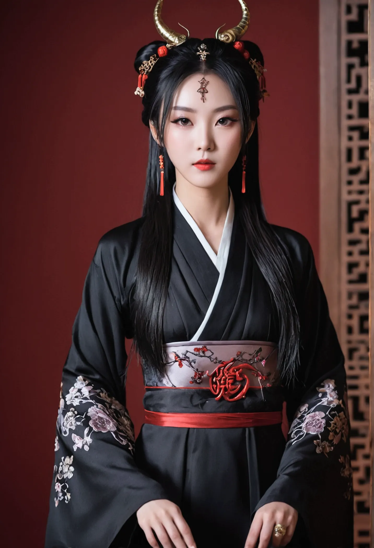 几个性感美艳的satanic cult妖女完全堕落的形象。wearing sexy hanfu。the main color of the whole body picture is black。make the character more full。w...