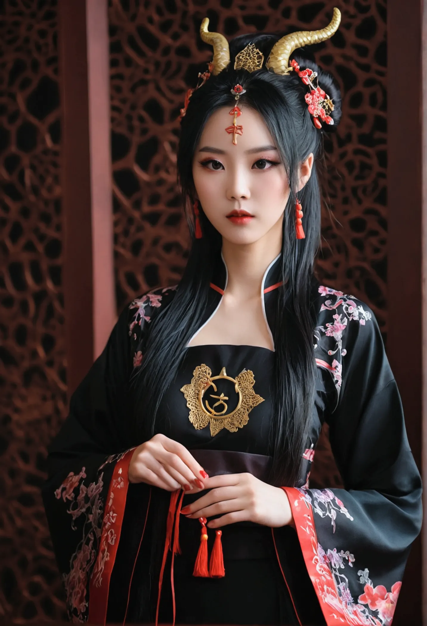 几个性感美艳的satanic cult妖女完全堕落的形象。wearing sexy hanfu。the main color of the whole body picture is black。make the character more full。w...