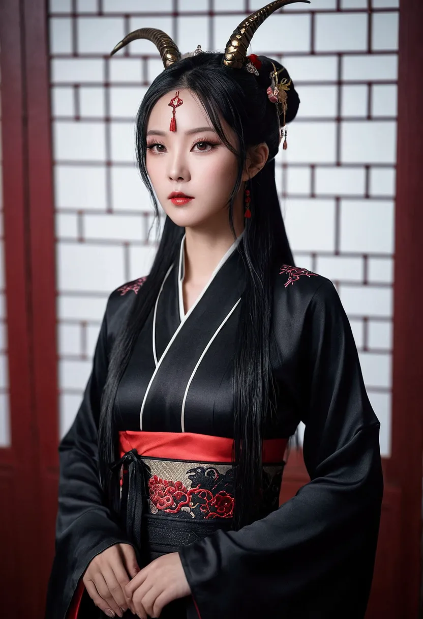 几个性感美艳的satanic cult妖女完全堕落的形象。wearing sexy hanfu。the main color of the whole body picture is black。make the character more full。w...