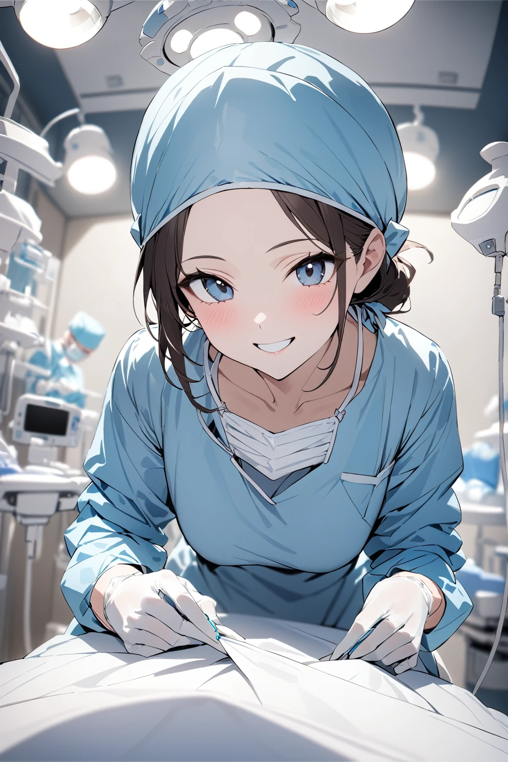 (RAW-Foto, best quality), 1 girl ,smile at the dentist, long-sleeved surgical outfit, surgical Maske,  Surgical gloves, Surgical cap,  operating room, Ceiling-mounted surgical light, blurred background, focused _open, complete_tied, ​masterpiece, best quality,