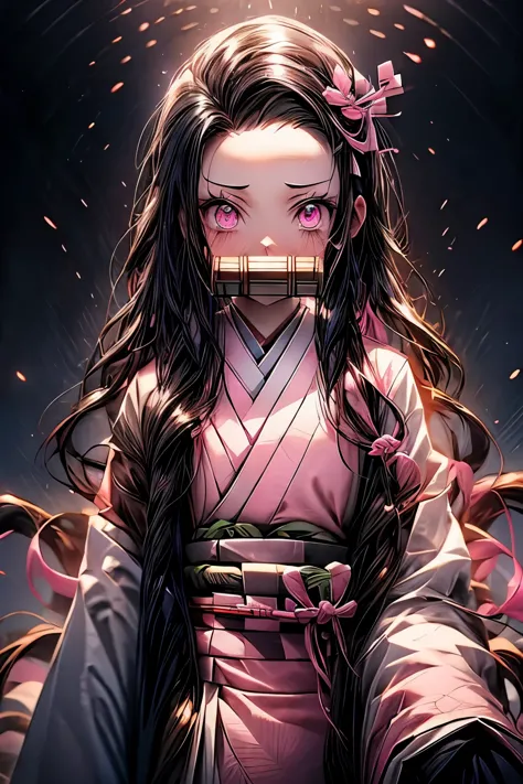 nezukokamado, nezuko kamado, She's crying, bamboo, (bit gag:1.5), black hair, (forehead:1.5), gag, gagged, hair ribbon, long hai...