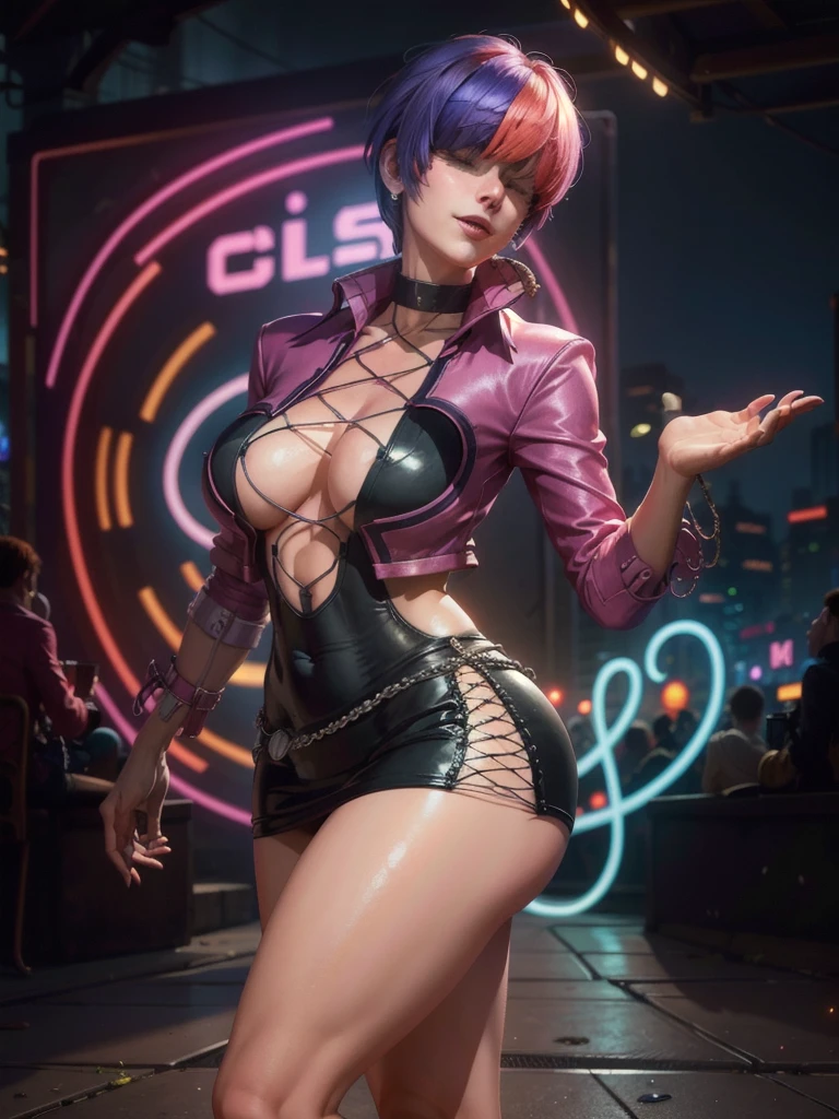 (night), in a video game scene with a neon background and a neon light, Standing at attention, pink suit, pink jacket, choker, neckline, clothing cut, earrings, purple hair, she has long bangs in her hair that cover her eyes ((hair over eyes)), 1 girl, 20 years old, Young woman, Beautiful finger, Beautiful long legs, Beautiful body, Beautiful nose, Beautiful character design, perfect face, looking at viewer (focusing on his face), mouth closed, Light_Smile, official art, extremely detailed CG unity 8k wallpaper, perfect lighting, colorful, bright front lighting, shiny skin, (masterpiece: 1.0), (best_quality: 1.0), ultra-high resolution, 4K, ultra-detailed, photography, 8K, HDR, high resolution, absurdities:1.2, Kodak portra 400, film grain, blurred background, bokeh:1.2, lens flare, (vibrant_color:1.2), professional photography, (Beautiful, breasts: 1.4), (beautiful_face: 1.5), (narrow_waist),
