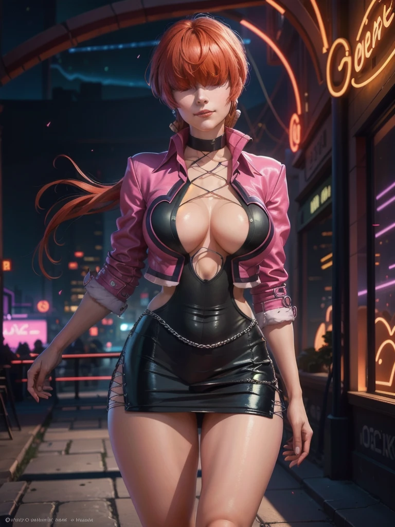 (at night), in a video game scene with a neon background and a neon light, standing at attention, pink suit, pink jacket, choker, neckline, cut of clothing, earrings, has long bangs in her hair that covers eyes ((hair over eyes)), 1 girl, 20 years old, young woman, beautiful finger, beautiful long legs, beautiful body, beautiful nose, beautiful character design, perfect face, looking at the viewer (focusing on her face), closed mouth, Light_Smile, official art, extremely detailed CG unity 8k wallpaper, perfect lighting, bright and colorful front lighting, glowing skin, (masterpiece: 1.0), (best_quality: 1.0), ultra high resolution, 4K, ultra photography detailed, 8K, HDR, high resolution, absurdities:1.2, Kodak portra 400, film grain, blurred background, bokeh:1.2, lens flare, (vibrant_color:1.2), professional photography, (Beautiful, breasts: 1.4), ( beautiful_face: 1.5 ), (narrow waist),
