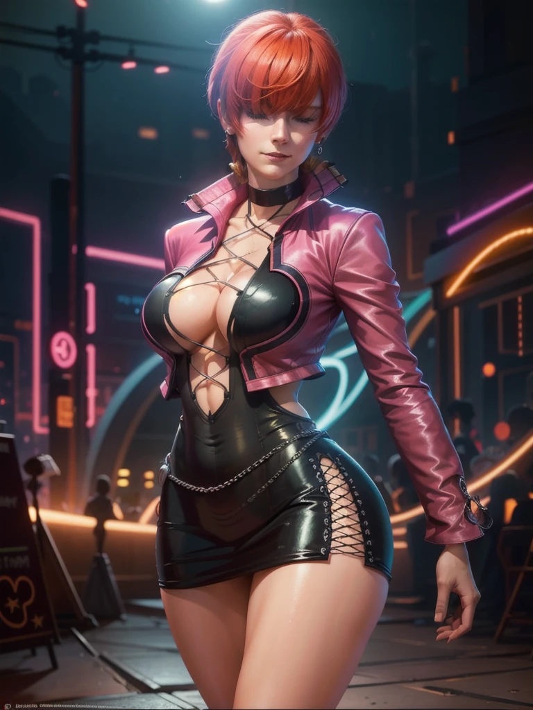 (at night), in a video game scene with a neon background and a neon light, standing at attention, pink suit, pink jacket, choker, neckline, cut of clothing, earrings, has long bangs in her hair that covers eyes ((hair over eyes)), 1 girl, 20 years old, young woman, beautiful finger, beautiful long legs, beautiful body, beautiful nose, beautiful character design, perfect face, looking at the viewer (focusing on her face), closed mouth, Light_Smile, official art, extremely detailed CG unity 8k wallpaper, perfect lighting, bright and colorful front lighting, glowing skin, (masterpiece: 1.0), (best_quality: 1.0), ultra high resolution, 4K, ultra photography detailed, 8K, HDR, high resolution, absurdities:1.2, Kodak portra 400, film grain, blurred background, bokeh:1.2, lens flare, (vibrant_color:1.2), professional photography, (Beautiful, breasts: 1.4), ( beautiful_face: 1.5 ), (narrow waist),
