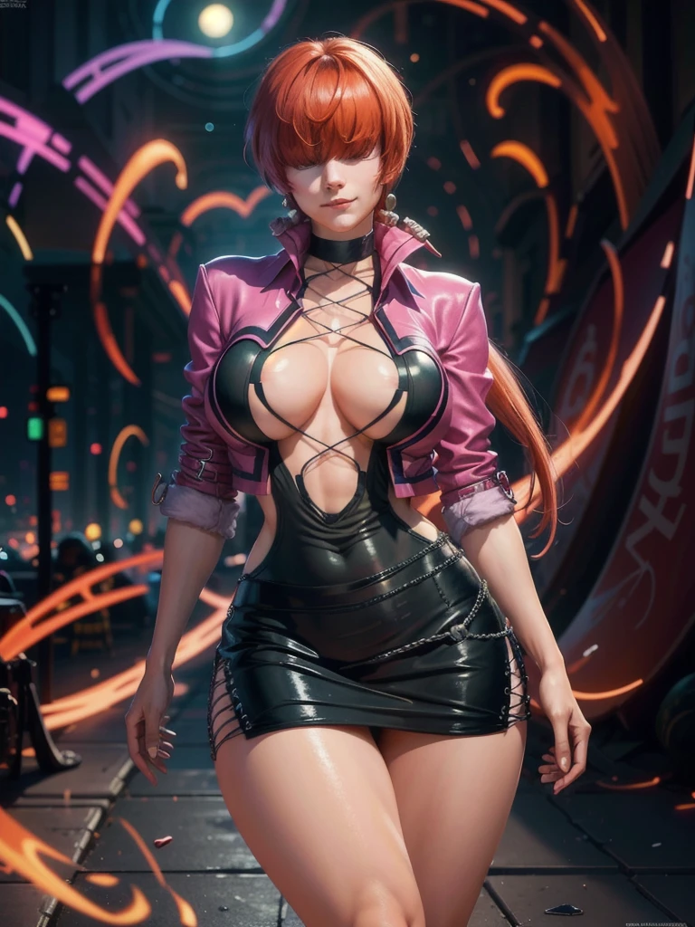 (at night), in a video game scene with a neon background and a neon light, standing at attention, pink suit, pink jacket, choker, neckline, cut of clothing, earrings, has long bangs in her hair that covers eyes ((hair over eyes)), 1 girl, 20 years old, young woman, beautiful finger, beautiful long legs, beautiful body, beautiful nose, beautiful character design, perfect face, looking at the viewer (focusing on her face), closed mouth, Light_Smile, official art, extremely detailed CG unity 8k wallpaper, perfect lighting, bright and colorful front lighting, glowing skin, (masterpiece: 1.0), (best_quality: 1.0), ultra high resolution, 4K, ultra photography detailed, 8K, HDR, high resolution, absurdities:1.2, Kodak portra 400, film grain, blurred background, bokeh:1.2, lens flare, (vibrant_color:1.2), professional photography, (Beautiful, breasts: 1.4), ( beautiful_face: 1.5 ), (narrow waist),
