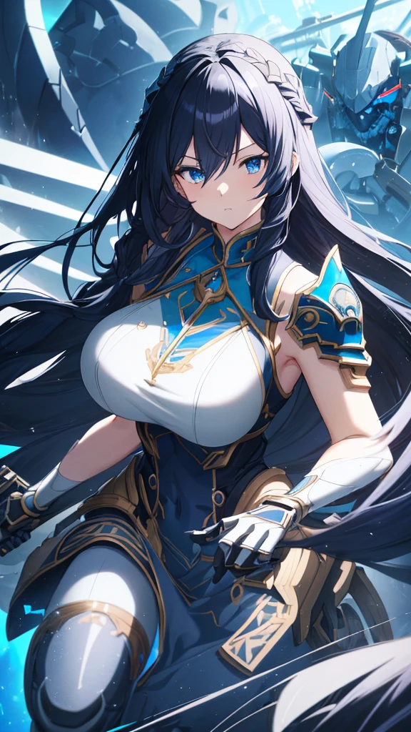 best quality, extremely detailed,anime style girl,long hair down to the waist, straight hair, ((dark black hair with bluish)),braid,beautiful detailed eyes, pinched eyes, (dark blue eyes),huge breasts,curvy,((((white and blue mechanical battle dress)))),clothing with complex patterns,hair ornament,cool expression,dynamic pose,((mysterious place)),dynamic angle