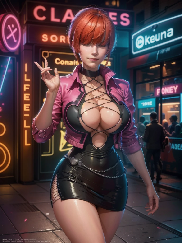 (at night), in a video game scene with a neon background and a neon light, standing at attention, pink suit, pink jacket, choker, neckline, cut of clothing, earrings, has long bangs in her hair that covers eyes ((hair over eyes)), 1 girl, 20 years old, young woman, beautiful finger, beautiful long legs, beautiful body, beautiful nose, beautiful character design, perfect face, looking at the viewer (focusing on her face), closed mouth, Light_Smile, official art, extremely detailed CG unity 8k wallpaper, perfect lighting, bright and colorful front lighting, glowing skin, (masterpiece: 1.0), (best_quality: 1.0), ultra high resolution, 4K, ultra photography detailed, 8K, HDR, high resolution, absurdities:1.2, Kodak portra 400, film grain, blurred background, bokeh:1.2, lens flare, (vibrant_color:1.2), professional photography, (Beautiful, breasts: 1.4), ( beautiful_face: 1.5 ), (narrow waist),
